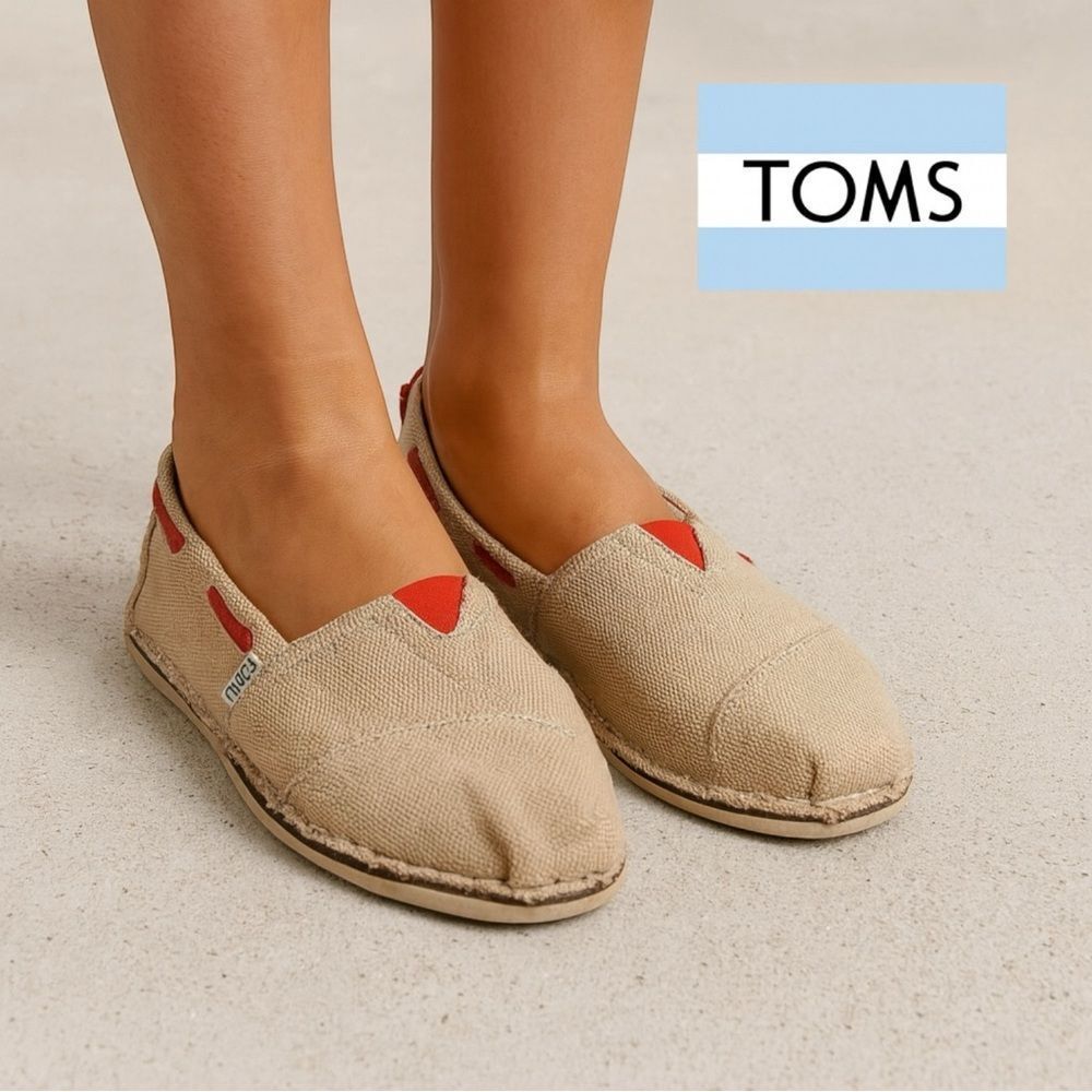 TOMS Women's Burlap Canvas Tan Red Slip-On Shoes Loafers 7.5